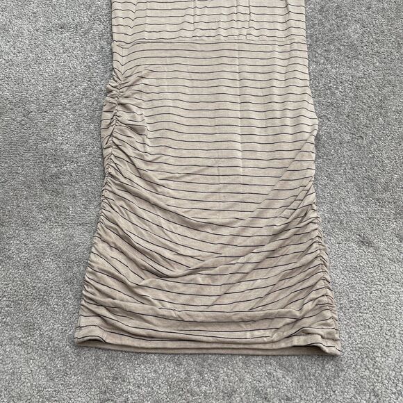 Prana Ruched Bodycon Midi Dress Womens Medium Beige Stripe V-Neck Stretch Casual - Picture 12 of 13